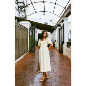 Puffed Sleeved Shirred Midi Dress Square Neck Side Pockets Soft Yellow S